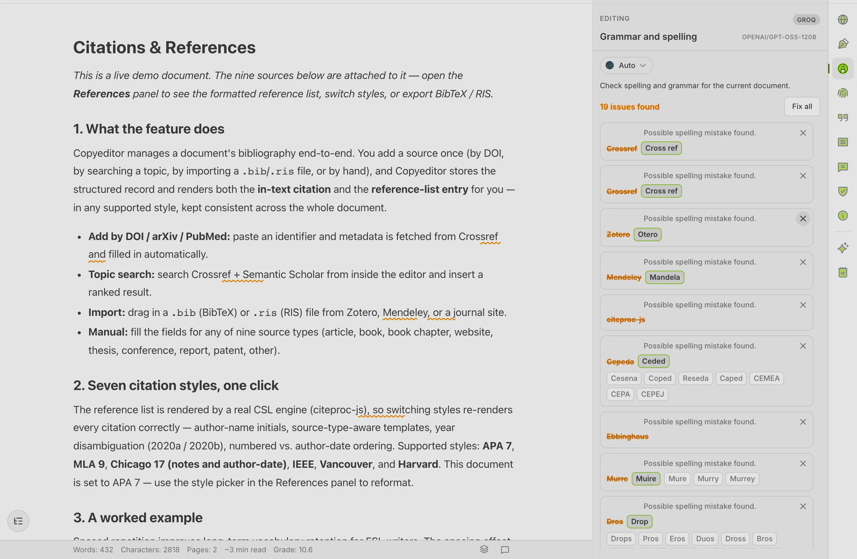 Grammar review with an explanation for each correction in Copyeditor