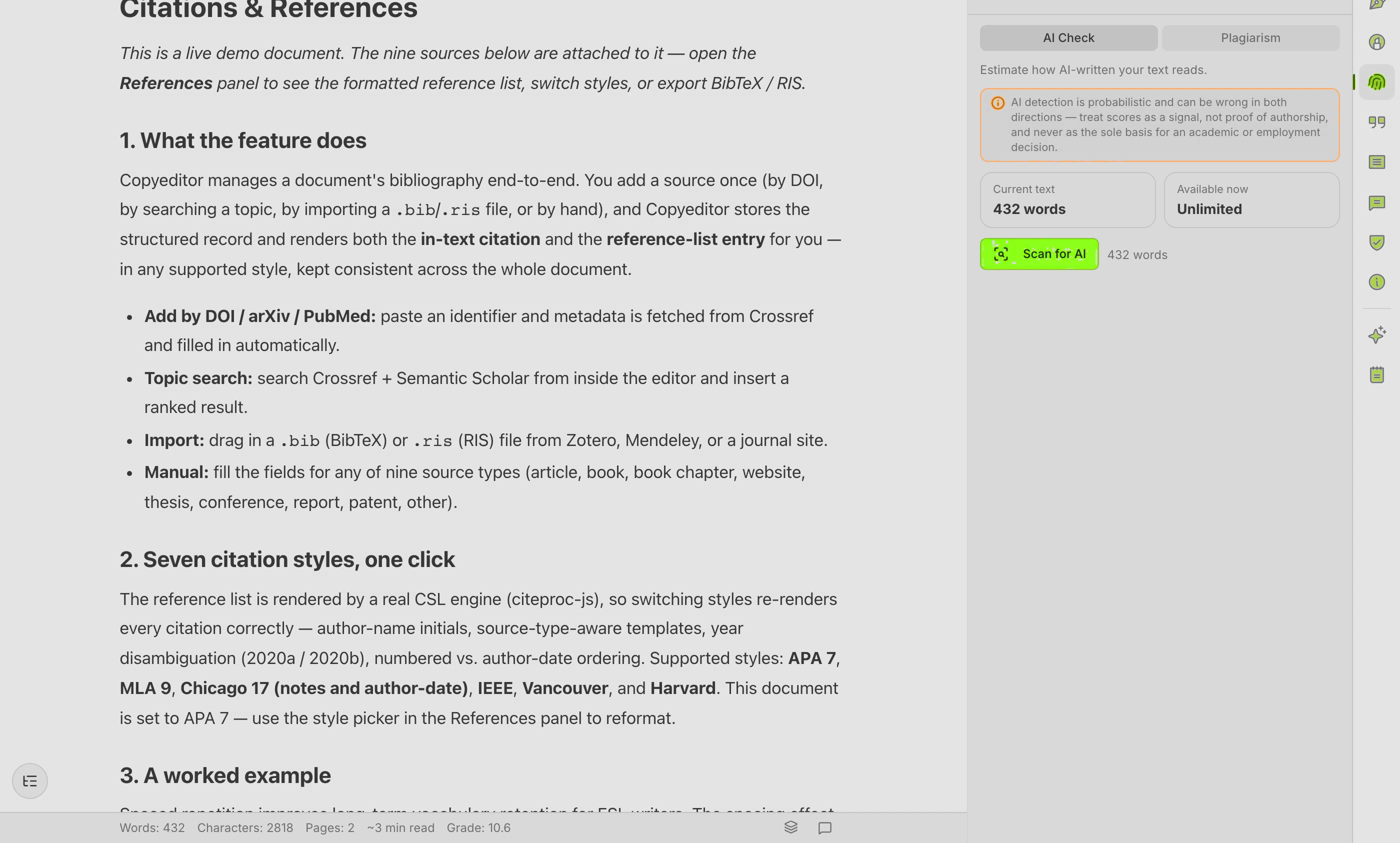 An originality preview highlighting passages to review in Copyeditor