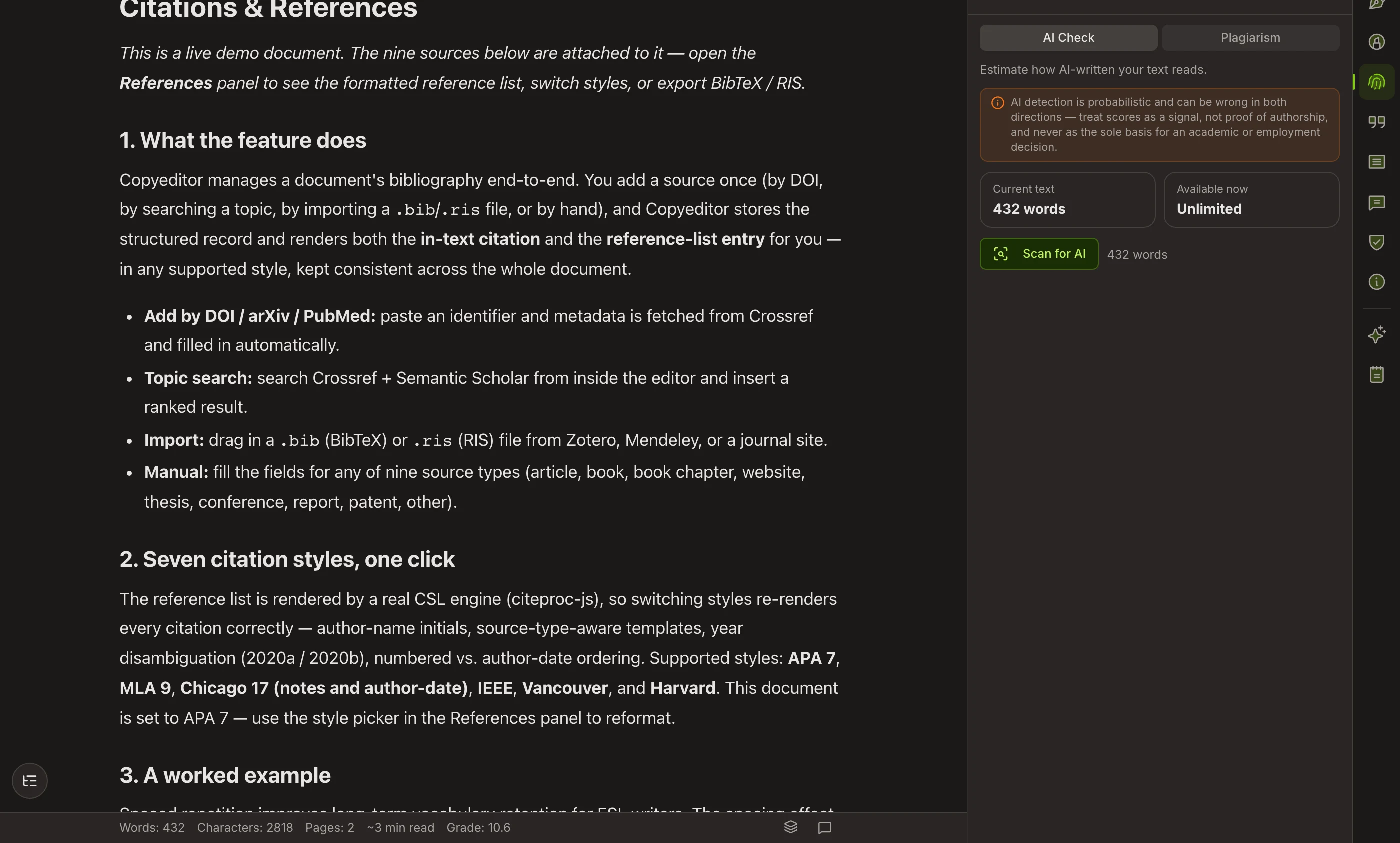 An originality preview highlighting passages to review in Copyeditor